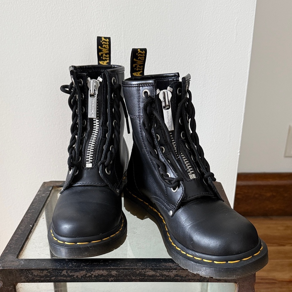 Doc Martens Black Leather Lace-Up Boots with Zippers - Picture 2 of 8